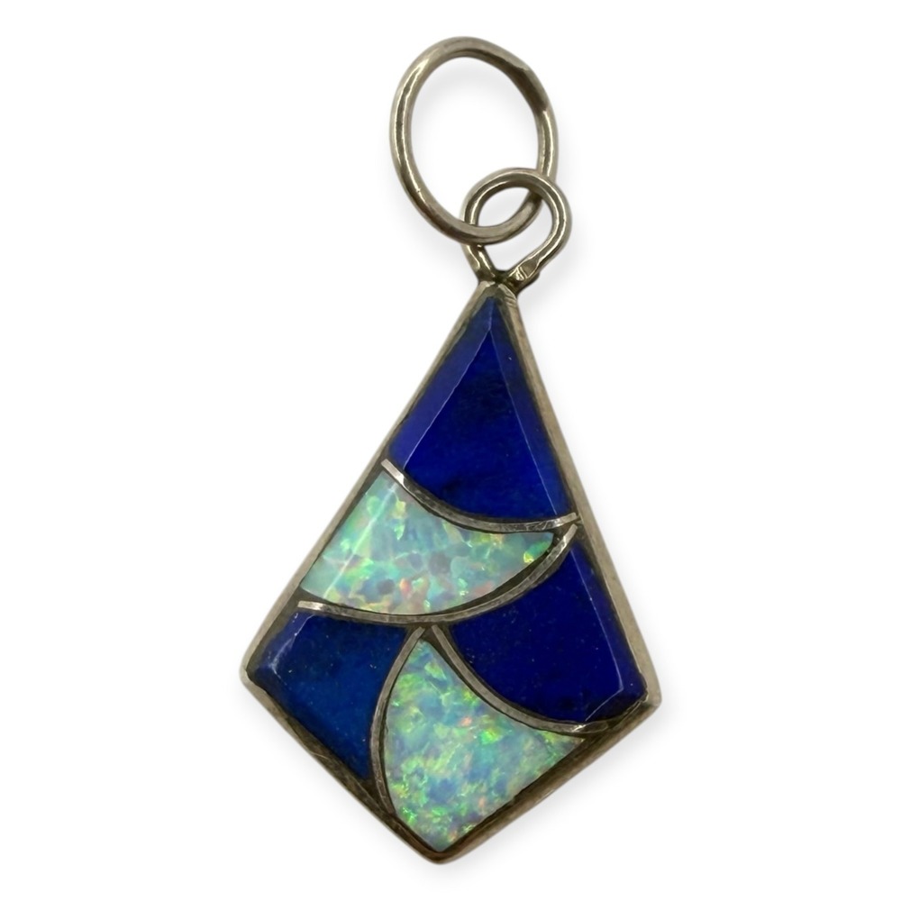 EDB Zuni Pendant Sterling Silver Small Blue Lapis Lab Opal Inlay Signed